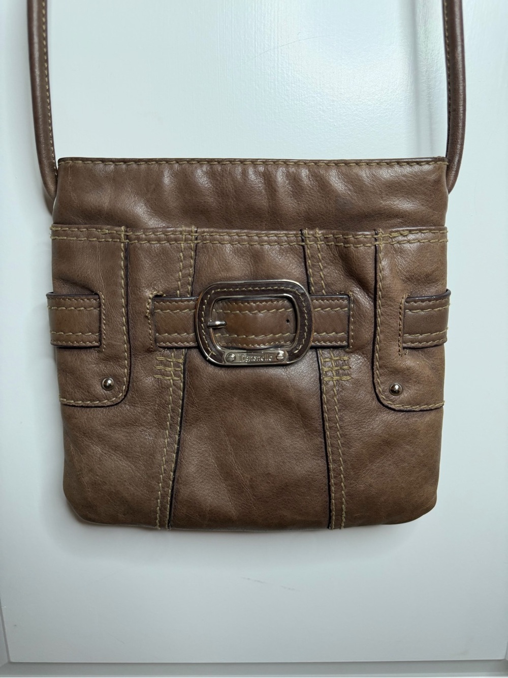 Tignanello Brown Genuine Leather Crossbody Bag Buckle Y2K Shoulder Purse